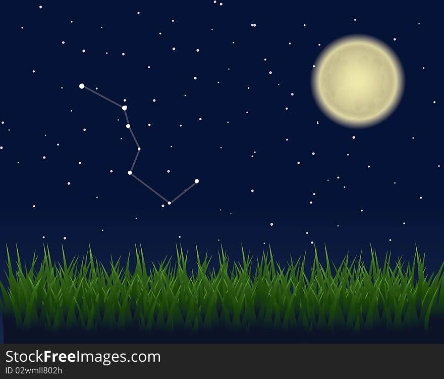 Big Dipper depicted among the stars in a clear night sky, with a glowing moon casting light on a field of grass below.