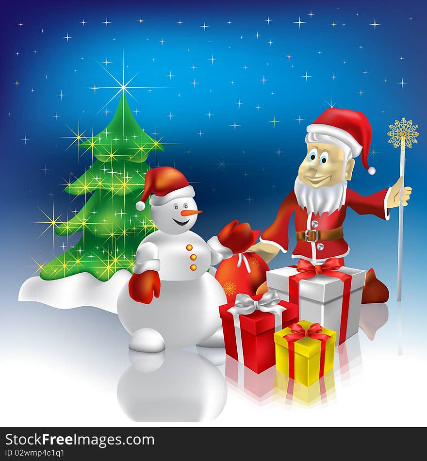 Christmas greeting Santa Claus with gifts