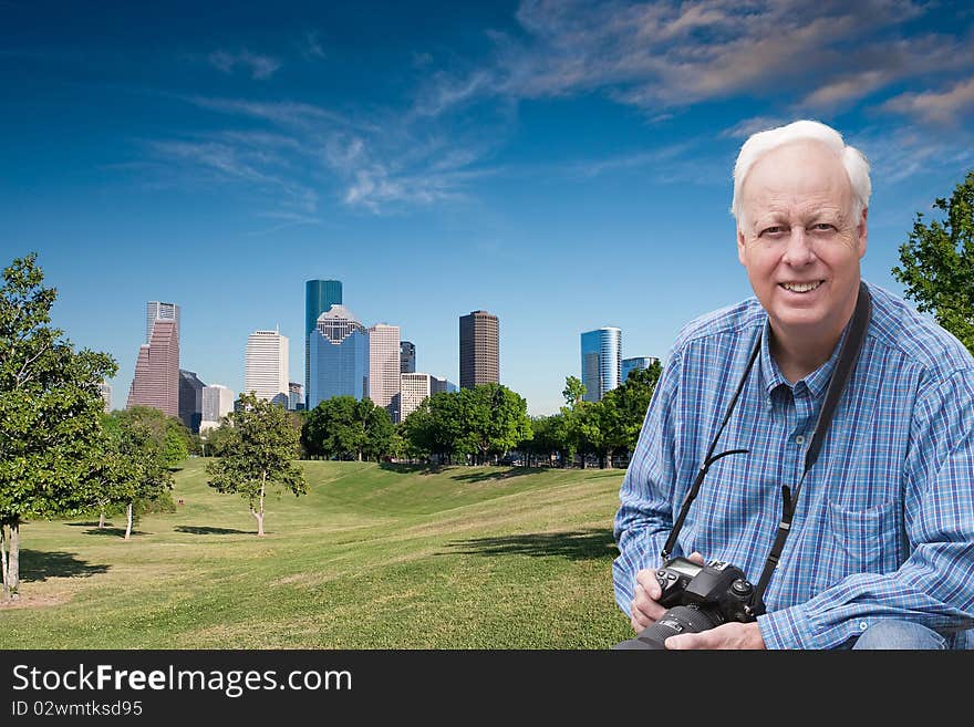 Portrait of photographer with city in background. Portrait of photographer with city in background.