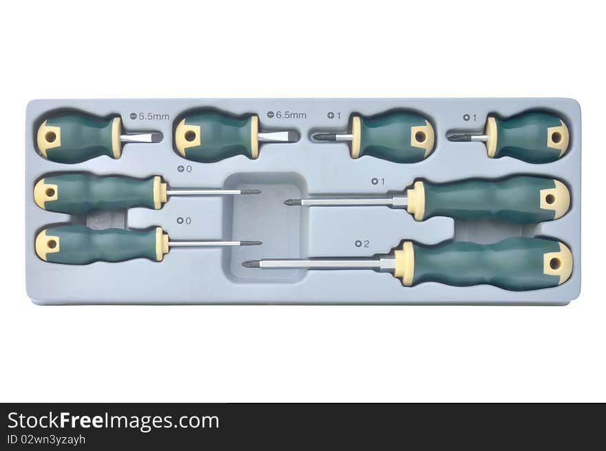 Set of eight screwdrivers against white background