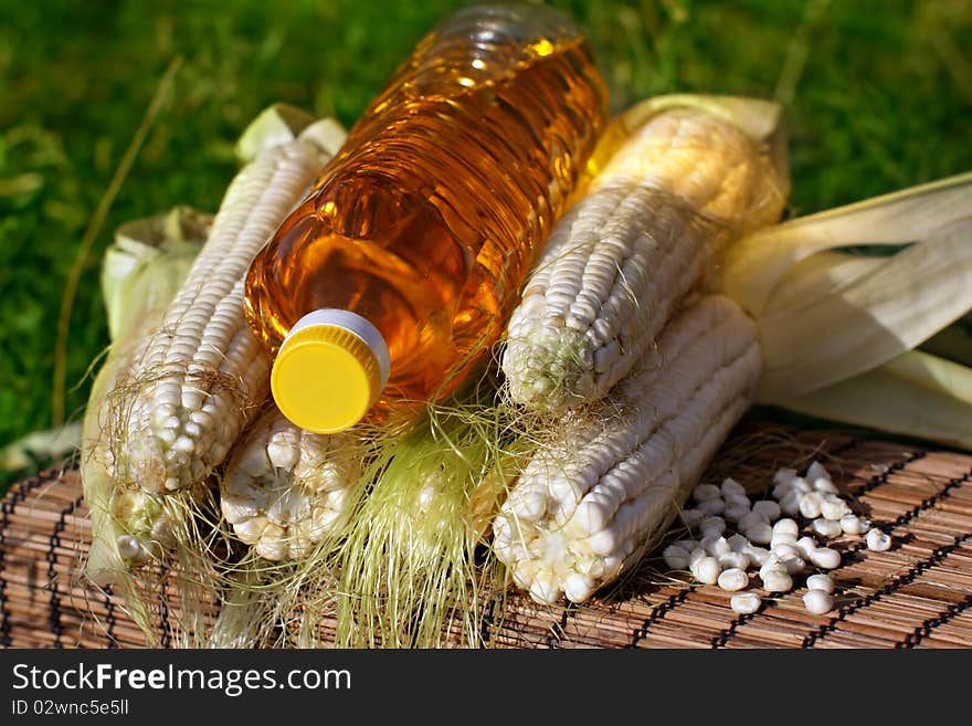 Freshlpicked corn on the cob and bottle of yellow oil. Freshlpicked corn on the cob and bottle of yellow oil.