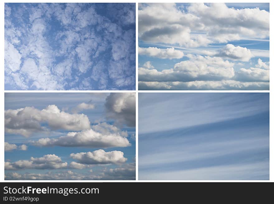 4 pictures of blue sky with different white clouds. 4 pictures of blue sky with different white clouds.