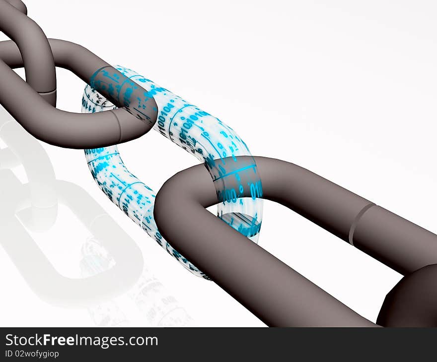 Gray chain with digital central link, white background. Gray chain with digital central link, white background.