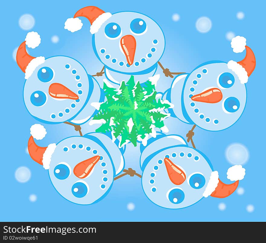 Snowmens Dance In A Circle Around A Christmas Tree