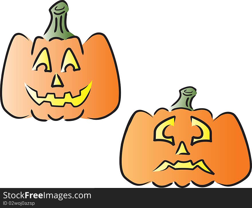 Two pumpkins with different facial expressions. Two pumpkins with different facial expressions.