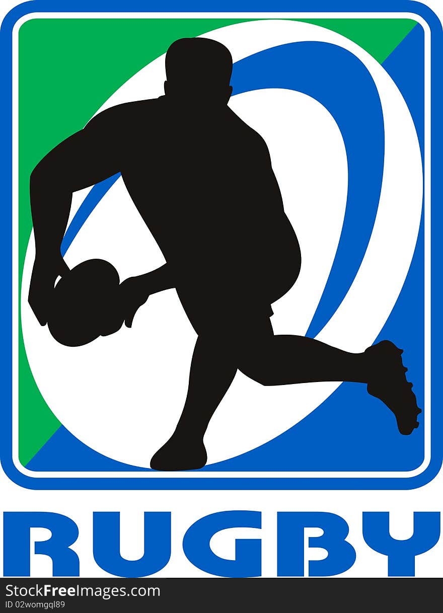 Illustration of a Rugby player passing ball facing front in silhouette with ball in background with words rugby