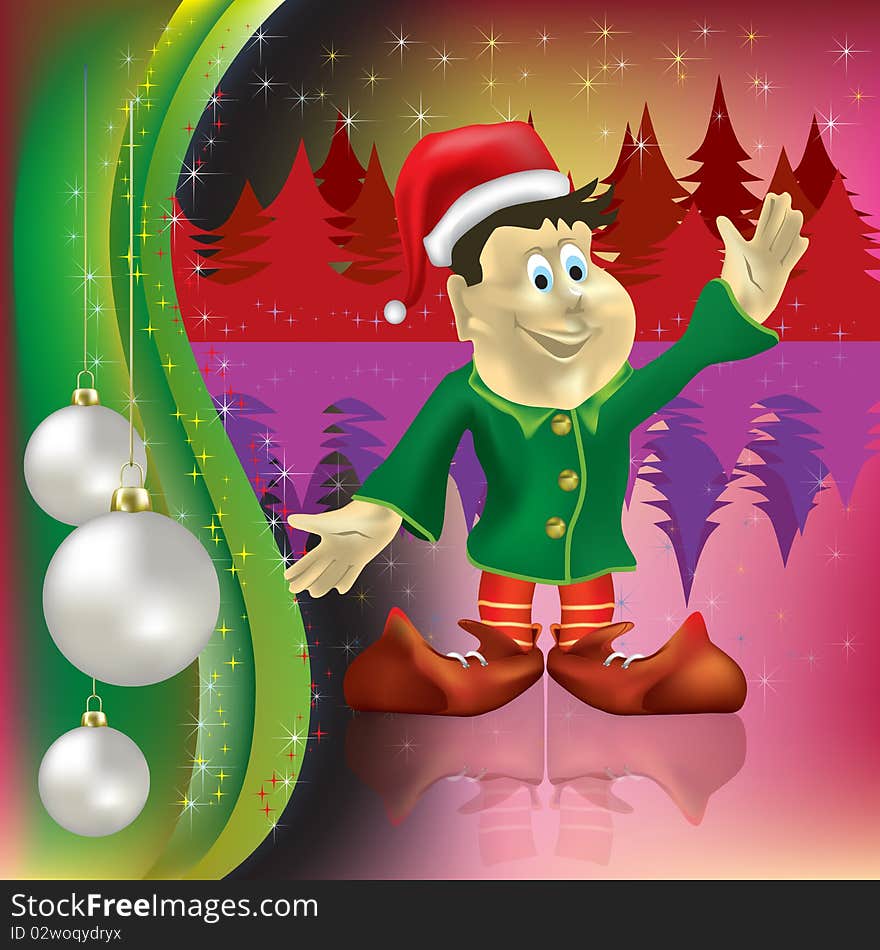 Christmas greeting with white balls and dwarf. Christmas greeting with white balls and dwarf