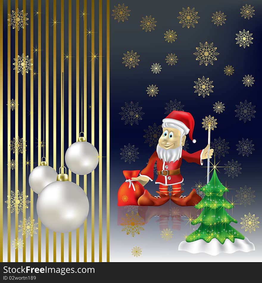 Christmas tree and Santa Claus on a gold background