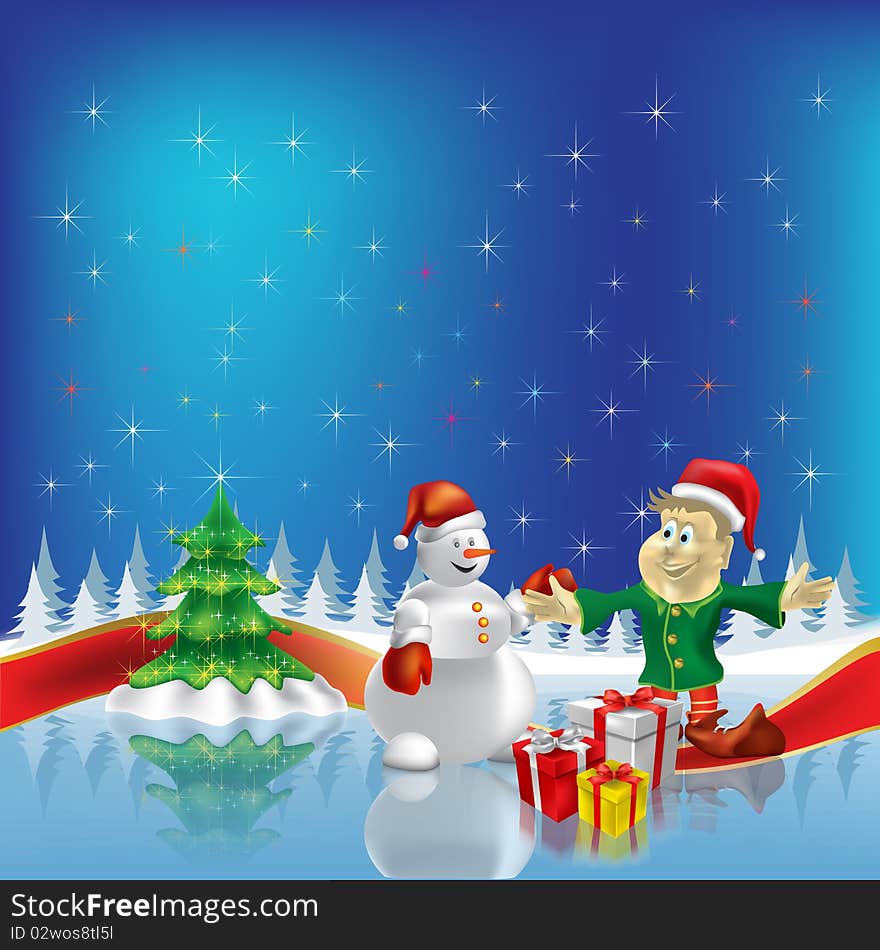 Christmas tree with dwarf and snowman on blue background