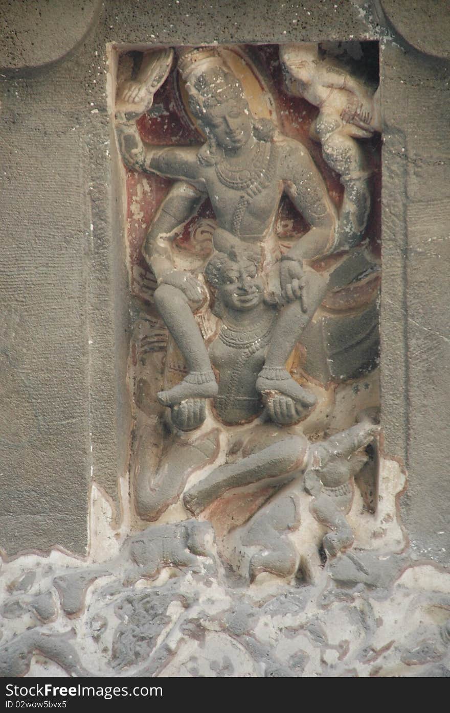 Religious sculpture from rock at ELLORA CAVES , Maharashtra, India