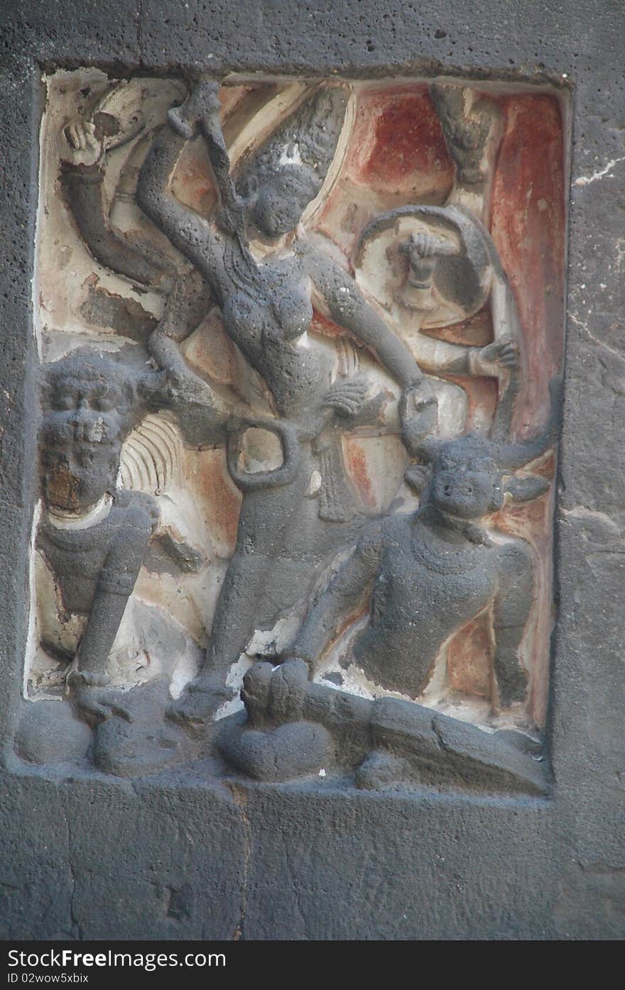 Religious sculpture from rock at ELLORA CAVES , Maharashtra, India