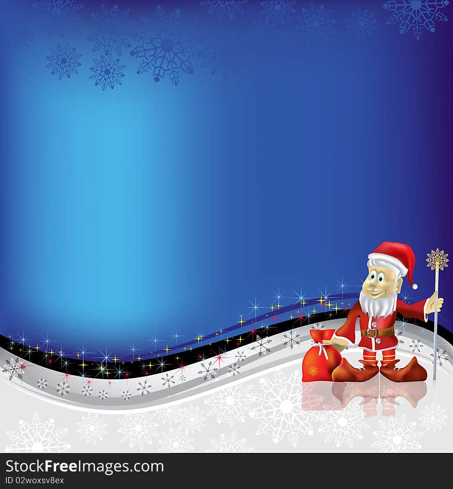 Christmas greeting Santa Claus with gifts on blue