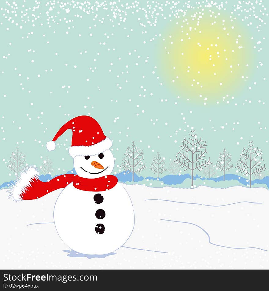 Christmas greeting card with snowman and trees snowing background