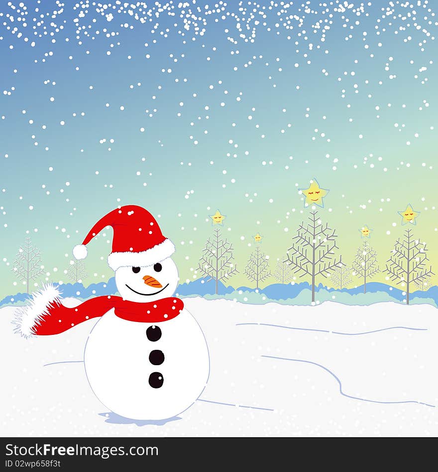 Christmas greeting card with snowman and smiling stars snowing background