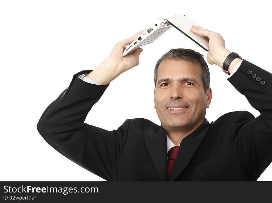 Businessman holding his white laptop. Businessman holding his white laptop