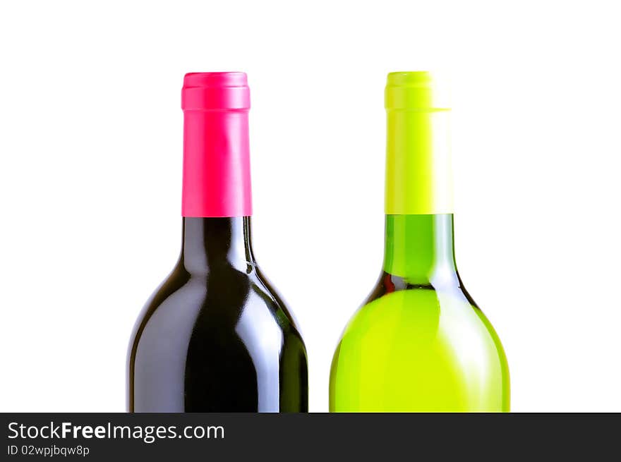 Two bottles of red and white whine isolated