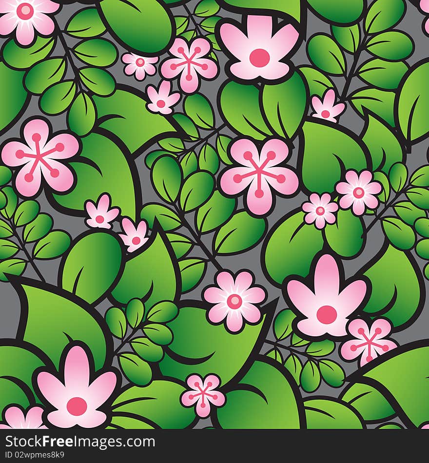 Seamless pattern with leaves and pink flowers. Seamless pattern with leaves and pink flowers