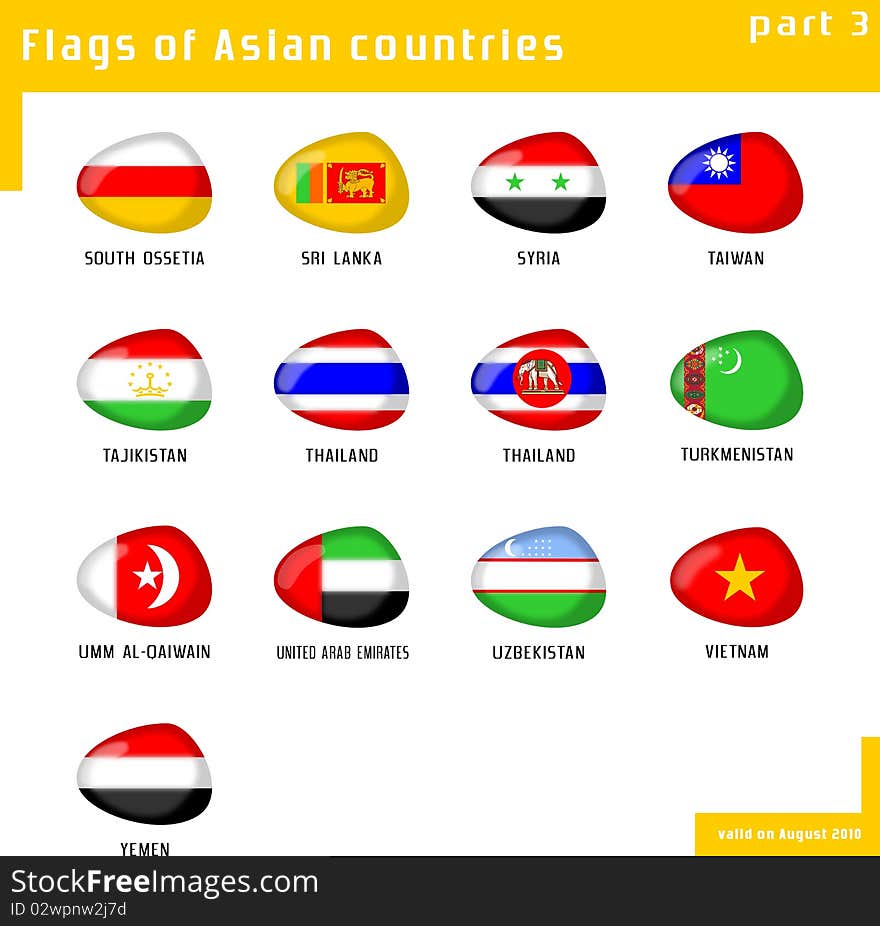 Set of Asian flags with shape like stones. Set of Asian flags with shape like stones