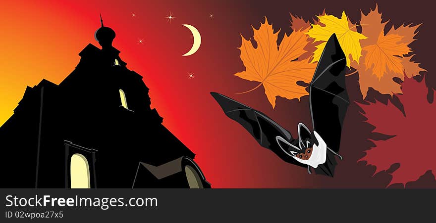 Bat on a background of nightly castle. Halloween banner. Illustration