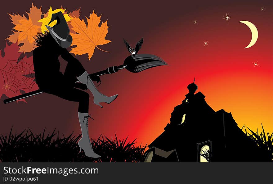 Sitting Witch On The Broom. Halloween Banner