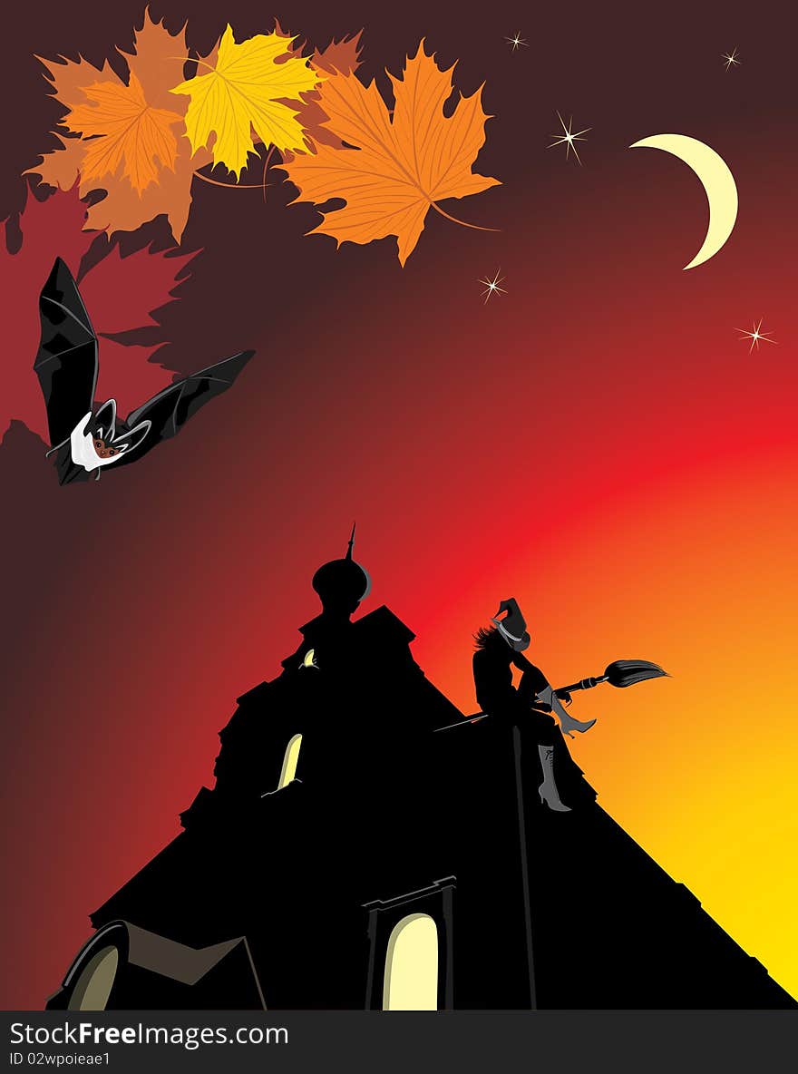 Sitting witch on the roof of castle. Halloween