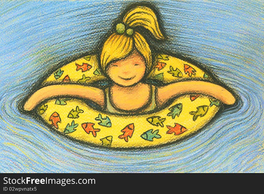 A little happy smiling girl is swimming on yellow bright air-ring, pastel and charcoal drawing. A little happy smiling girl is swimming on yellow bright air-ring, pastel and charcoal drawing