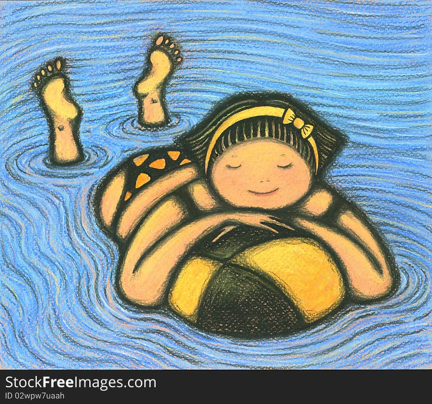 A nice pretty smiling girl is swimming in blue water with her eyes close and holding a big yellow - black ball in front, pastel and charcoal drawing. A nice pretty smiling girl is swimming in blue water with her eyes close and holding a big yellow - black ball in front, pastel and charcoal drawing