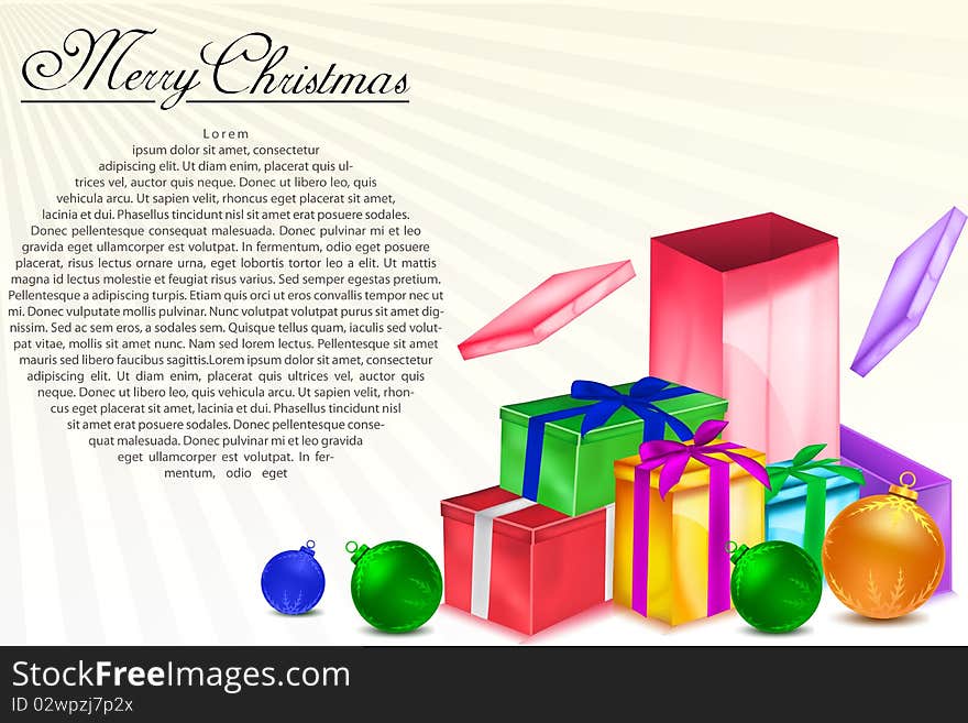 Illustration of christmas gift boxes and decorative balls with sample text. Illustration of christmas gift boxes and decorative balls with sample text