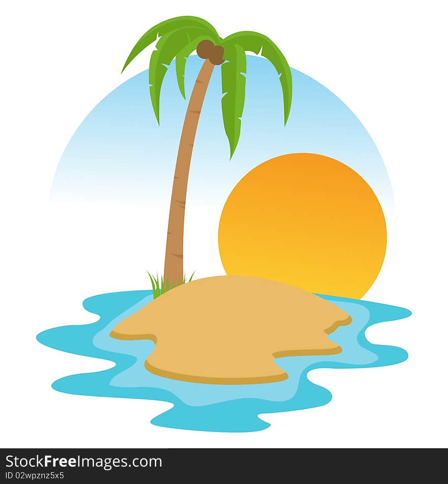 Illustration of beach landscape with palm tree and sunset background. Illustration of beach landscape with palm tree and sunset background