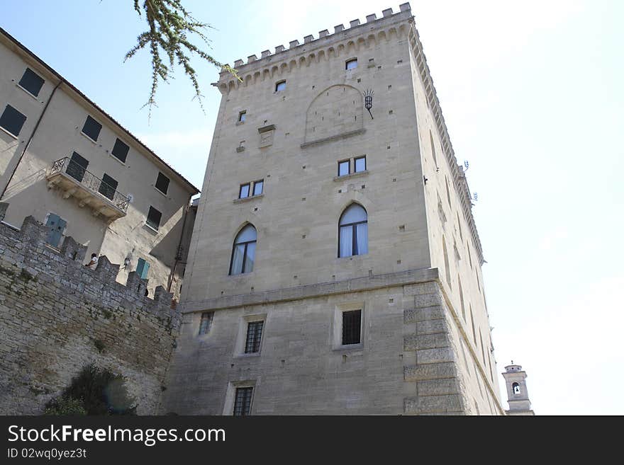 The towers of the ancient castle in San Marino on the border with Italy