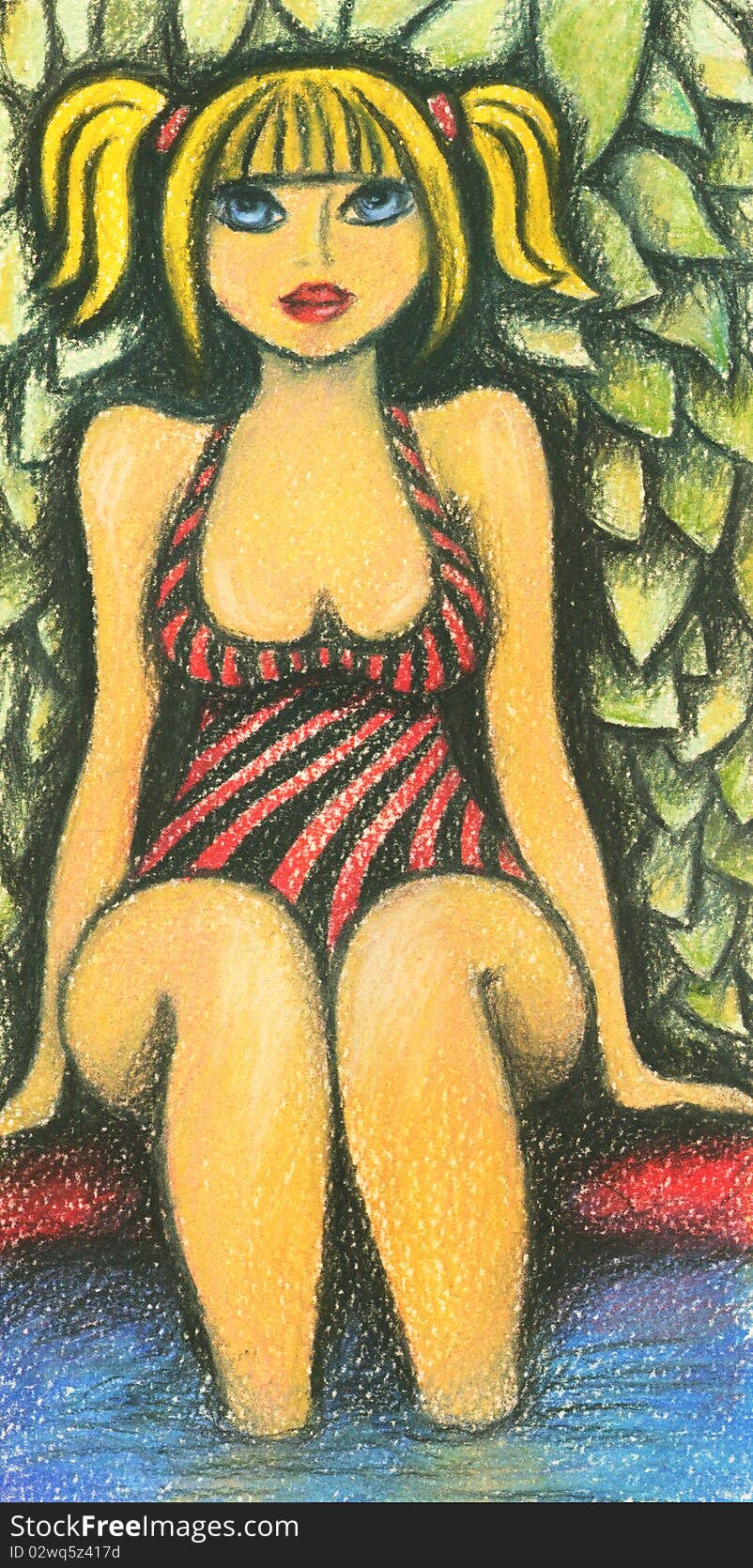 Nice blond blue-eyed girl in stripped red and black swimming suit is sitting at a pool with her feet in the water against the green bush leaves, pastel and charcoal drawing. Nice blond blue-eyed girl in stripped red and black swimming suit is sitting at a pool with her feet in the water against the green bush leaves, pastel and charcoal drawing