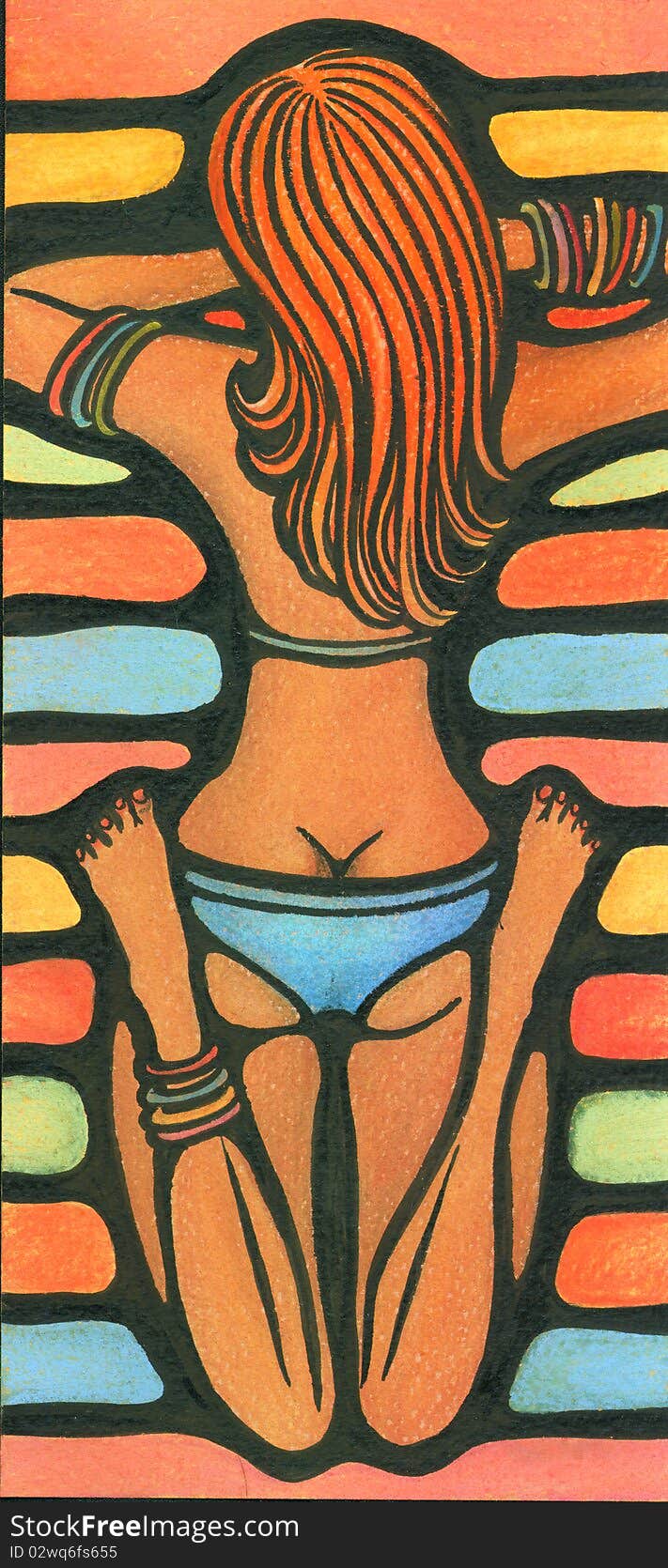 Back view of a nice pretty young red-haired girl in blue bikini and colorful rings on her hands and feet is laying on a vivid stripped rug at a beach, pastel, charcoal and ink drawing. Back view of a nice pretty young red-haired girl in blue bikini and colorful rings on her hands and feet is laying on a vivid stripped rug at a beach, pastel, charcoal and ink drawing