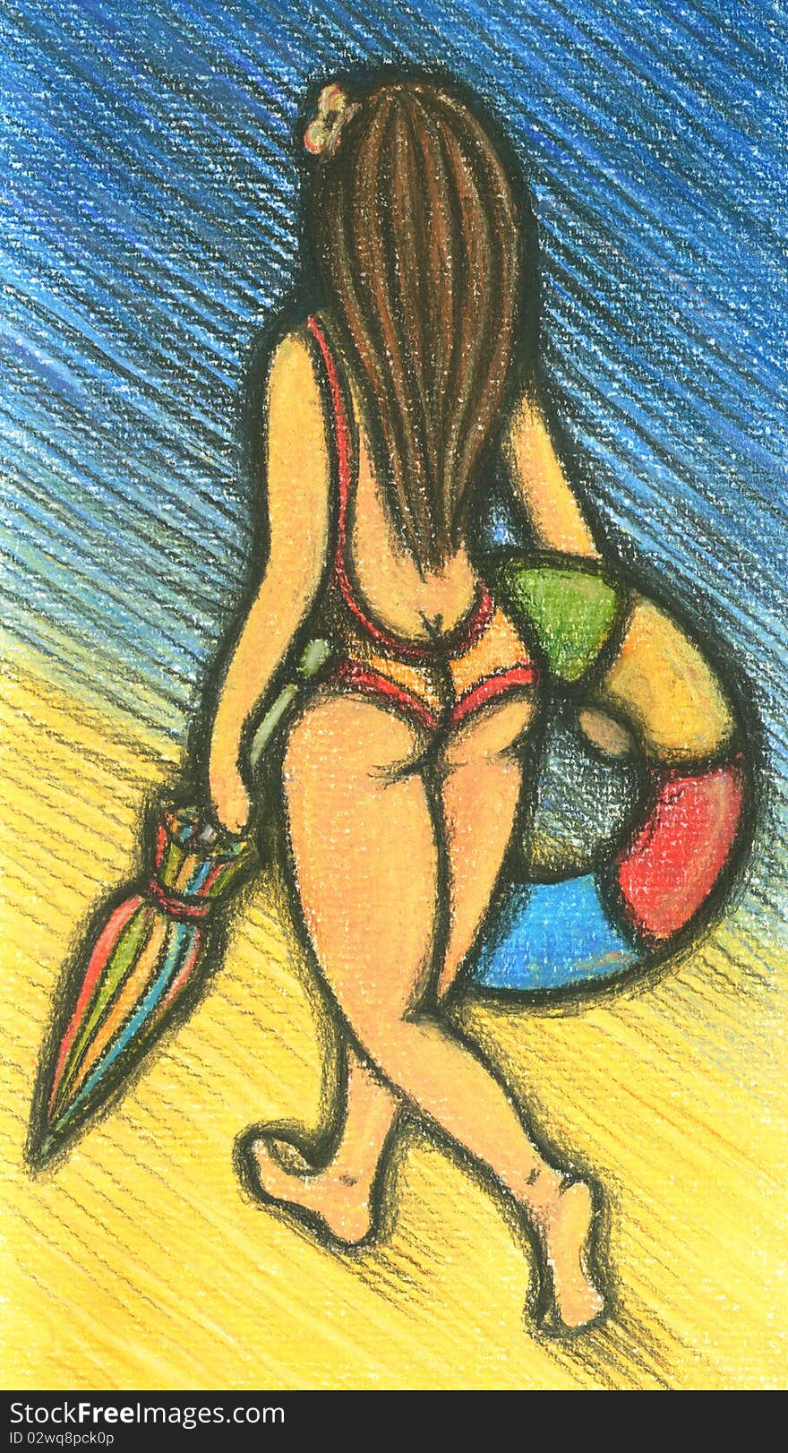 Young long-haired brunette cute girl in swimming suit is going along the beach holding sun umbrella and air-ring in her hands, pastel and charcoal drawing. Young long-haired brunette cute girl in swimming suit is going along the beach holding sun umbrella and air-ring in her hands, pastel and charcoal drawing