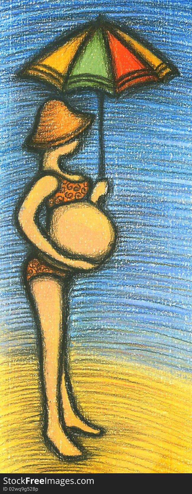 Pregnant woman in orange bikini and sun hat, is standing at a beach looking at the water and holding colorful sun umbrella in her hand, pastel and charcoal drawing. Pregnant woman in orange bikini and sun hat, is standing at a beach looking at the water and holding colorful sun umbrella in her hand, pastel and charcoal drawing