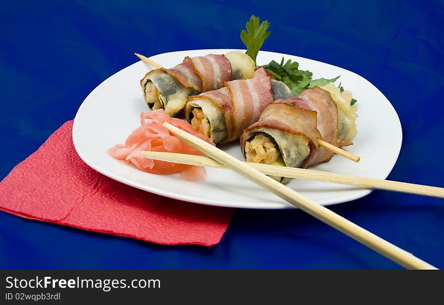 Photo of a rolled and sushi