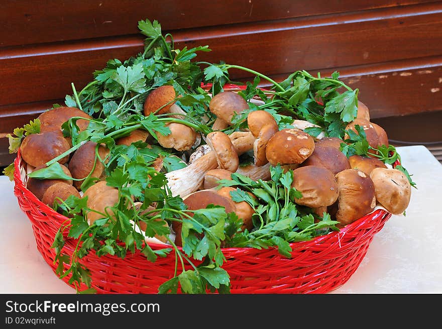 Brown Mushrooms in a red basket