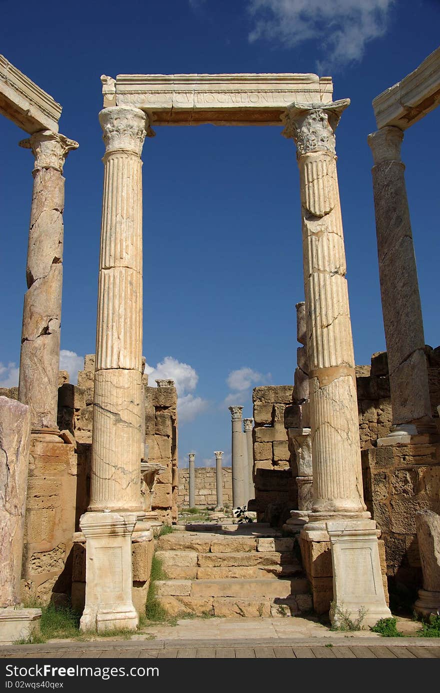 Columns in the roman ruins of Leptis Magna in Libya. Columns in the roman ruins of Leptis Magna in Libya