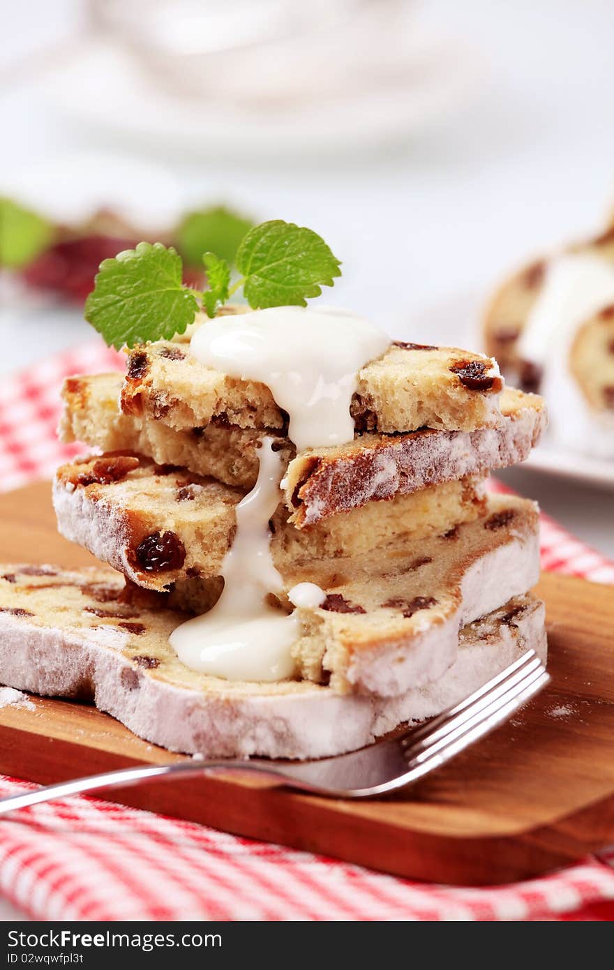 Slices of freshly baked stollen - detail