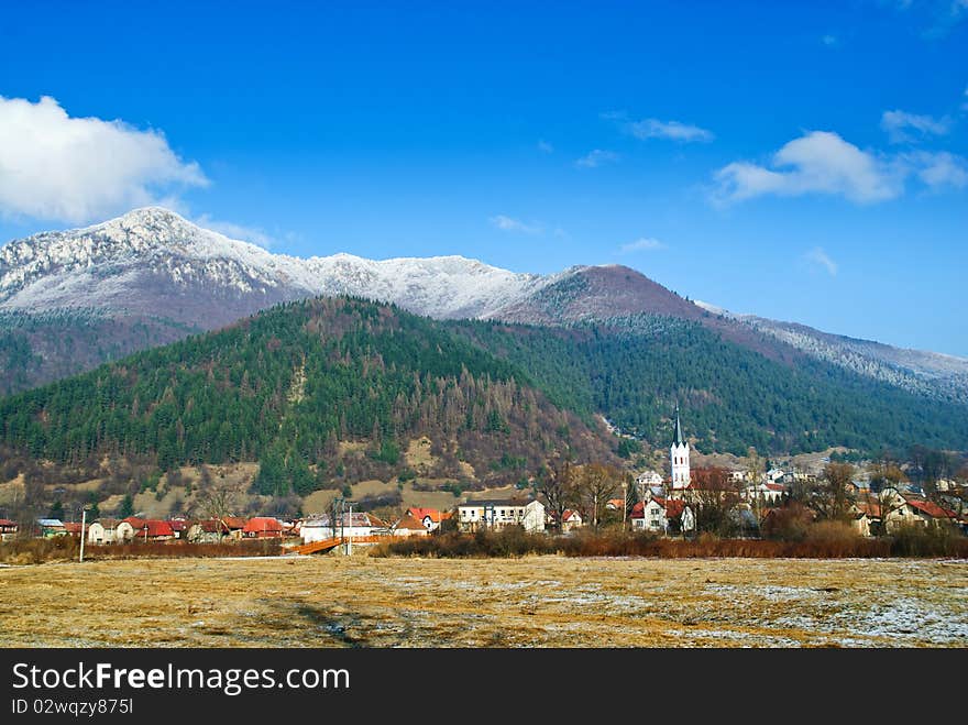 Village at the foot of the mountains