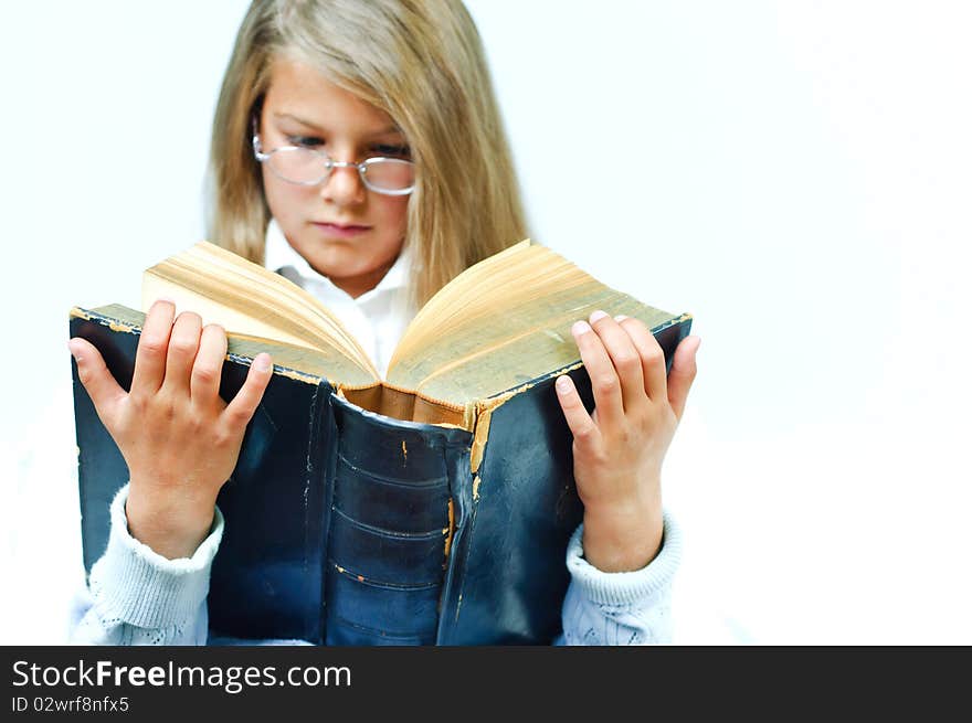 Portrait cute girl read an old book. Portrait cute girl read an old book