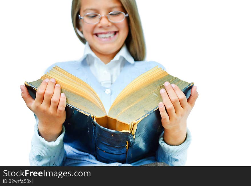 Portrait cute girl read an old book. Portrait cute girl read an old book