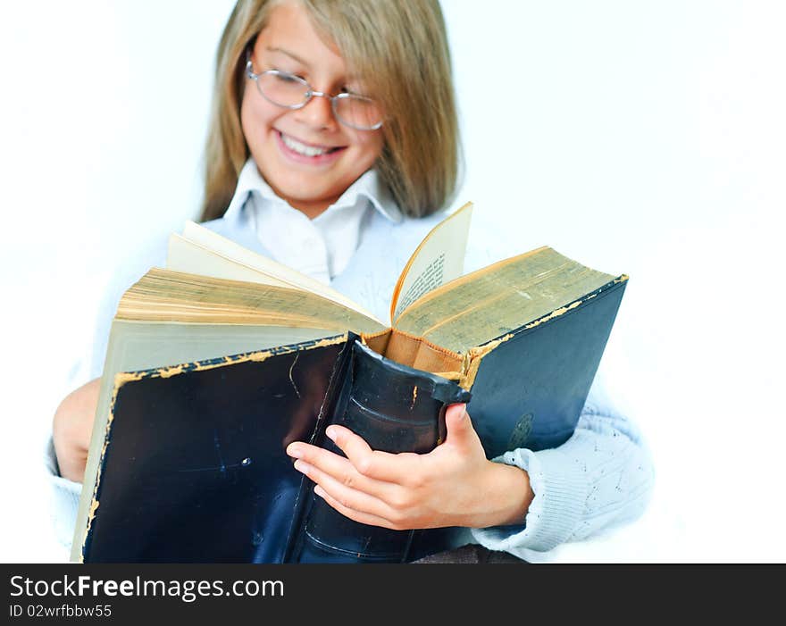 Portrait cute girl read an old book. Portrait cute girl read an old book