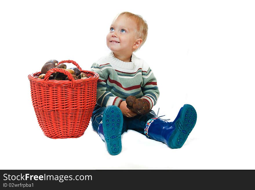 Boy with a basket of mushrooms