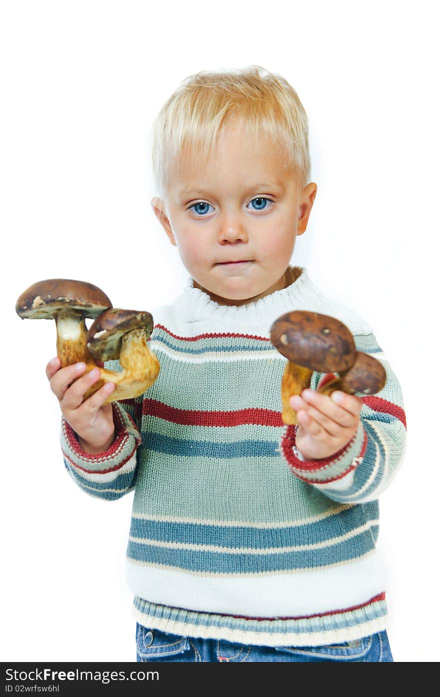 Boy with a basket of mushrooms. In studio