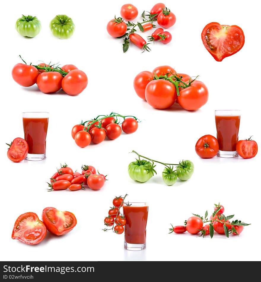 Set of tomatos and tomato juices isolated on a white background