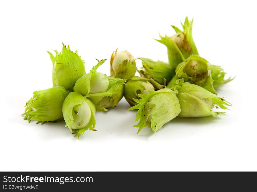 Group of hazelnuts with leaves. Isolated over white.