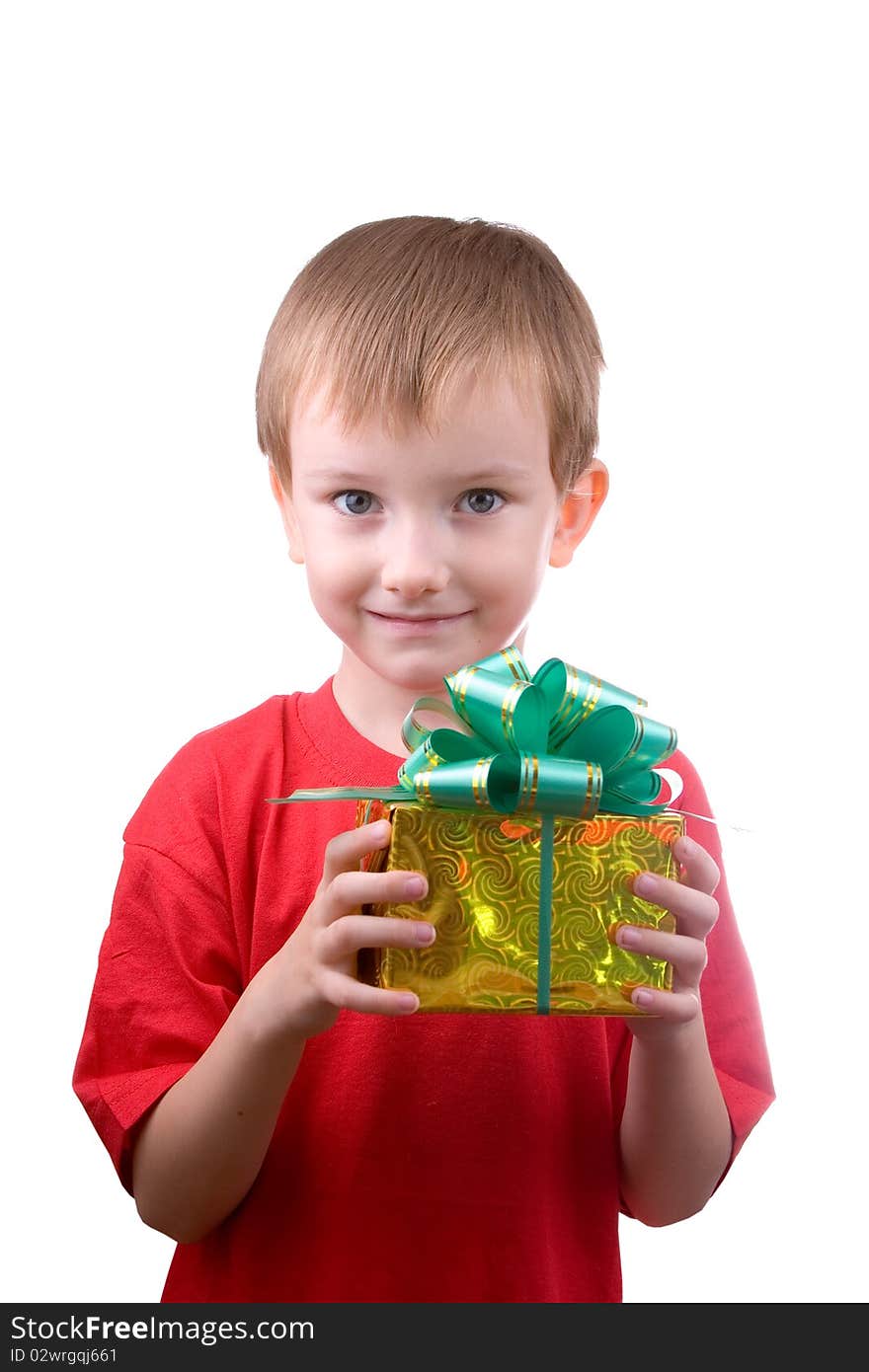 Happy boy with present isolated on white background