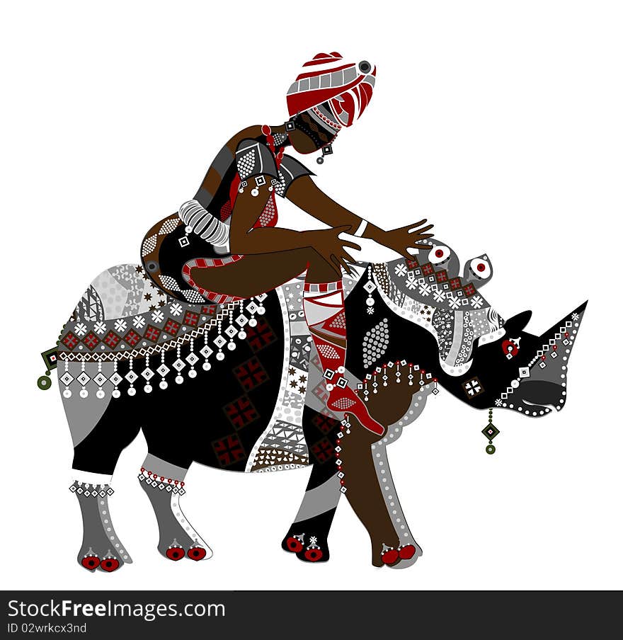 Woman in ethnic style sits on the back of a rhinoceros. Woman in ethnic style sits on the back of a rhinoceros