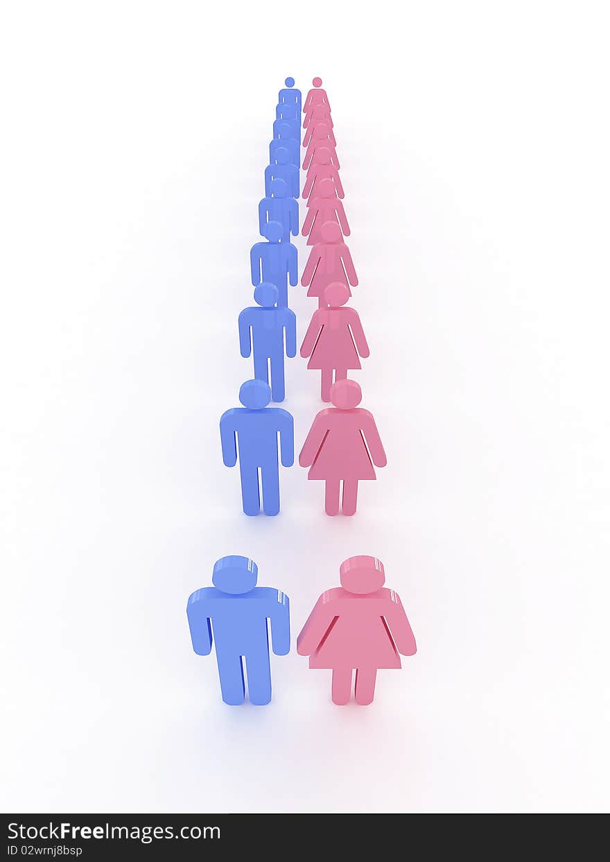 Symbols of male and female pink and blue on white background. 3D. Symbols of male and female pink and blue on white background. 3D