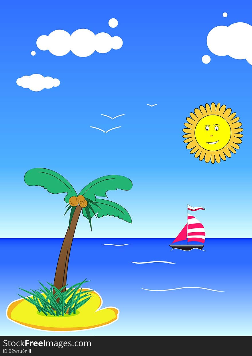 Yachts on the ocean - summer holiday background. Cartoon